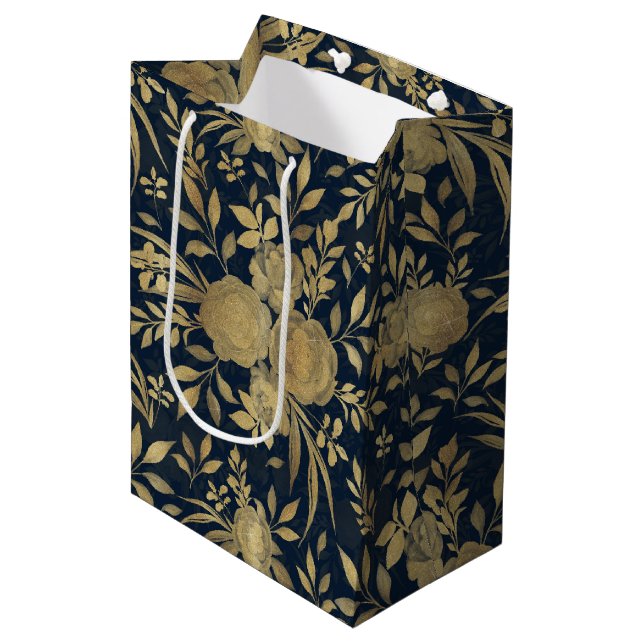 Elegantes Gold-Rose Blumendesign Mittlere Geschenktüte (Vorderseite Schrägansicht)