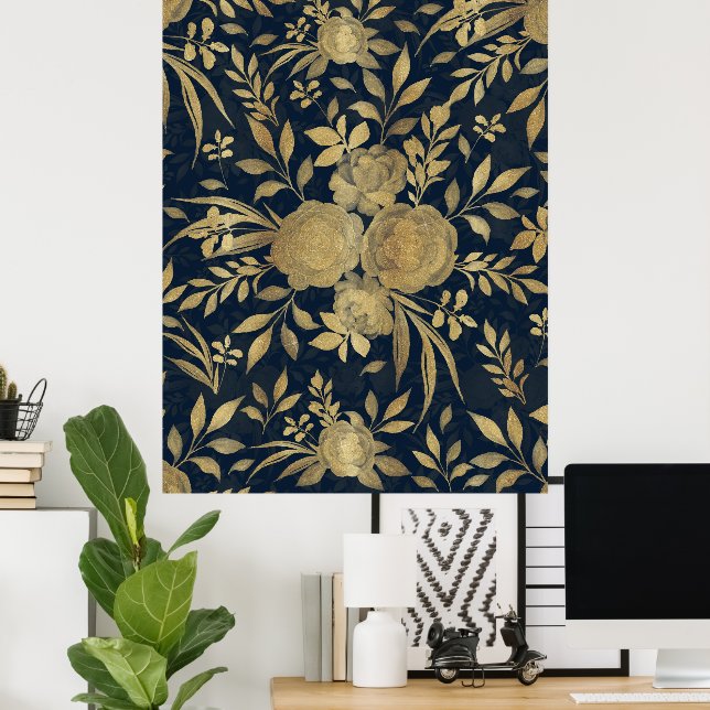 Elegantes Gold-Rose Blumendesign Poster (Heimbüro)