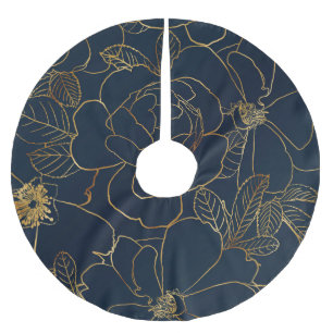 Elegantes Gold Rose Blumenmuster Zeichnend blaues Polyester Weihnachtsbaumdecke