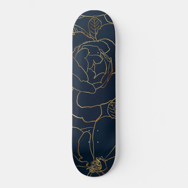 Elegantes Gold Rose Blumenmuster Zeichnend blaues  Skateboard (Vorderseite)