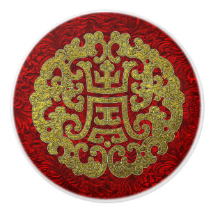 Elegantes Gold-Rot-Chinesisch-Symbol Keramikknauf