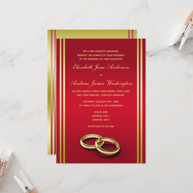Elegantes Gold & Rot, Hochzeiten Einladung (Vorderseite/Rückseite Beispiel)