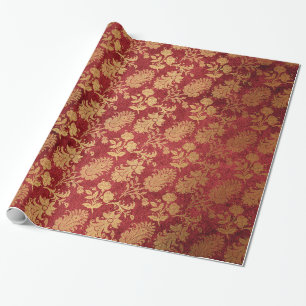 Elegantes gold-rotes königliches Damast-Blumenmust Geschenkpapier