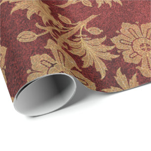 Elegantes gold-rotes königliches Damast-Blumenmust Geschenkpapier