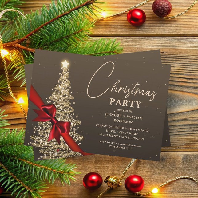Elegantes Gold schimmerndes Weihnachtsfest Einladung (Elegant Gold Shimmering Xmas Tree Holiday Invitation)
