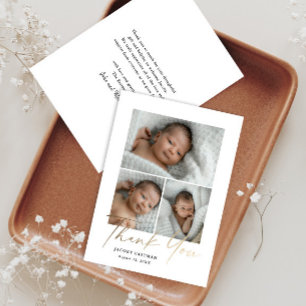 Elegantes Gold Schrift 3 Foto Baby Dankeskarte