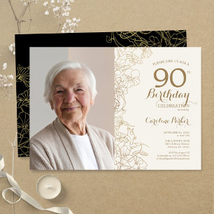 Elegantes Gold-Schwarz-Blumen-Foto 90. Geburtstag Einladung