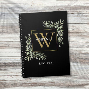 Elegantes Gold-Schwarz-Monogramm-Grün-Rezept Notizblock