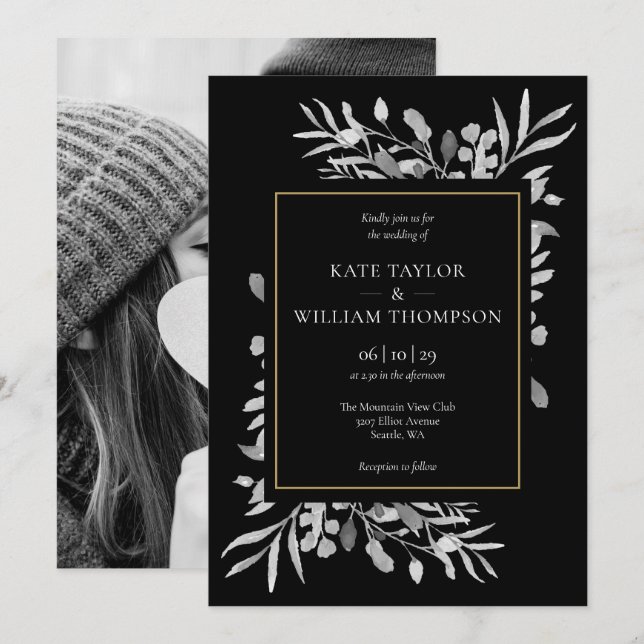 Elegantes Gold Schwarz-weiß Foliage Foto Hochzeit Einladung (Vorne/Hinten)