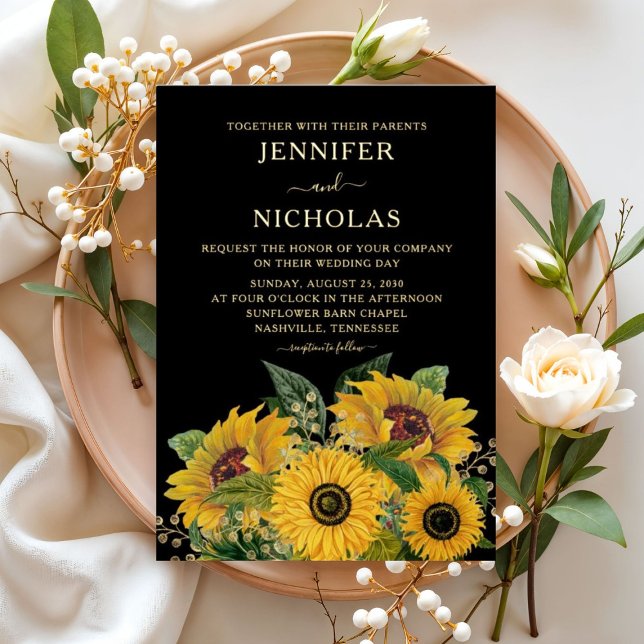 Elegantes Gold Schwarz & Weiß Gold Folieneinladung (Elegant Floral Gold Black & White Gold Foil Invitation)