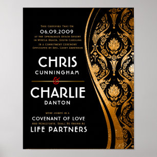 Elegantes Gold Schwarz-weiß Hochzeitzertifikat Poster