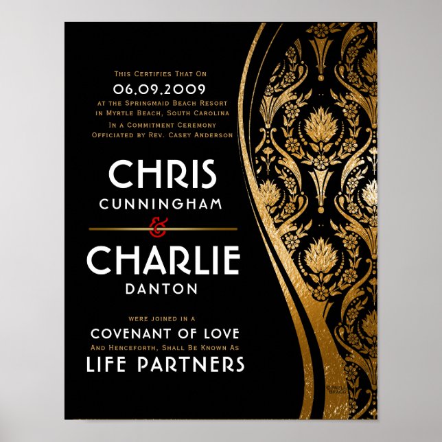 Elegantes Gold Schwarz-weiß Hochzeitzertifikat Poster (Vorne)