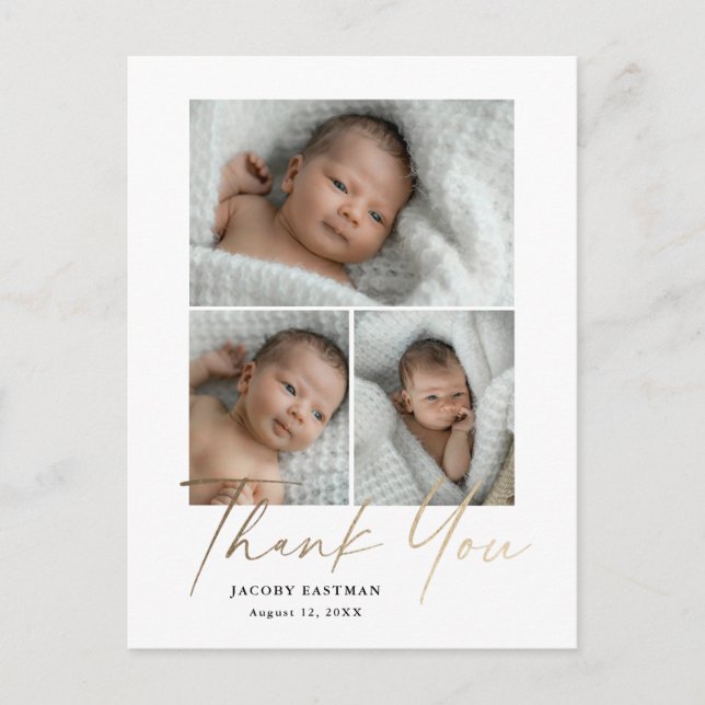 Elegantes Gold Script 3 Foto Baby Vielen Dank Postkarte (Vorderseite)