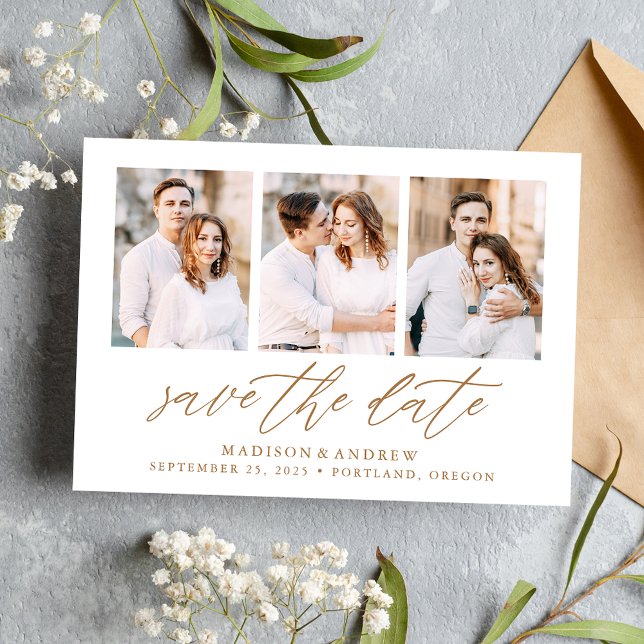 Elegantes Gold Script 3 Foto Collage Save The Date (Von Creator hochgeladen)