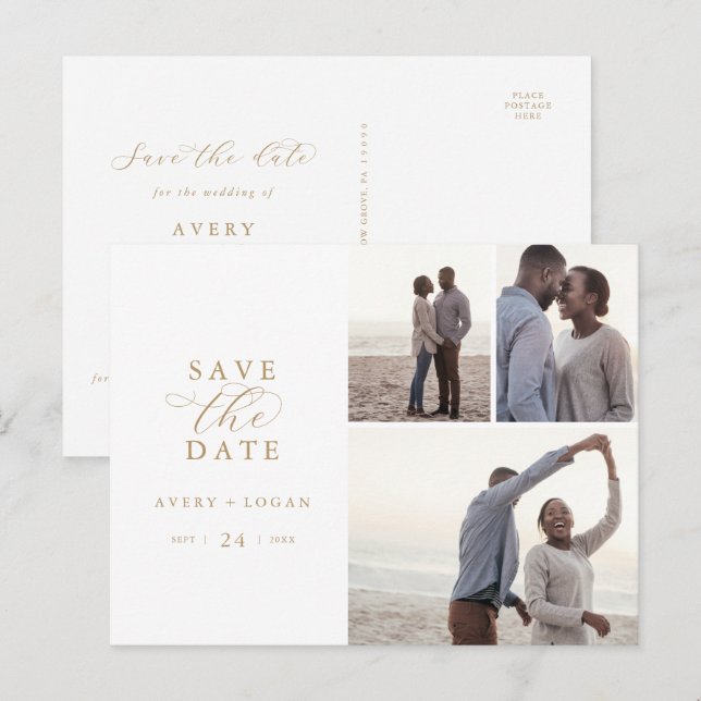 Elegantes Gold Script 3 Foto Collage Save the Date Einladungspostkarte (Vorne/Hinten)