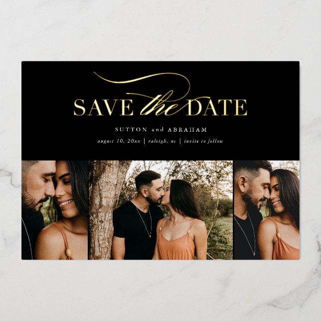 Elegantes Gold Script 3 Foto Collage Save the Date Folieneinladung