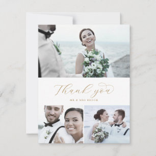 Elegantes Gold Script 3 Foto Collage Wedding Dankeskarte