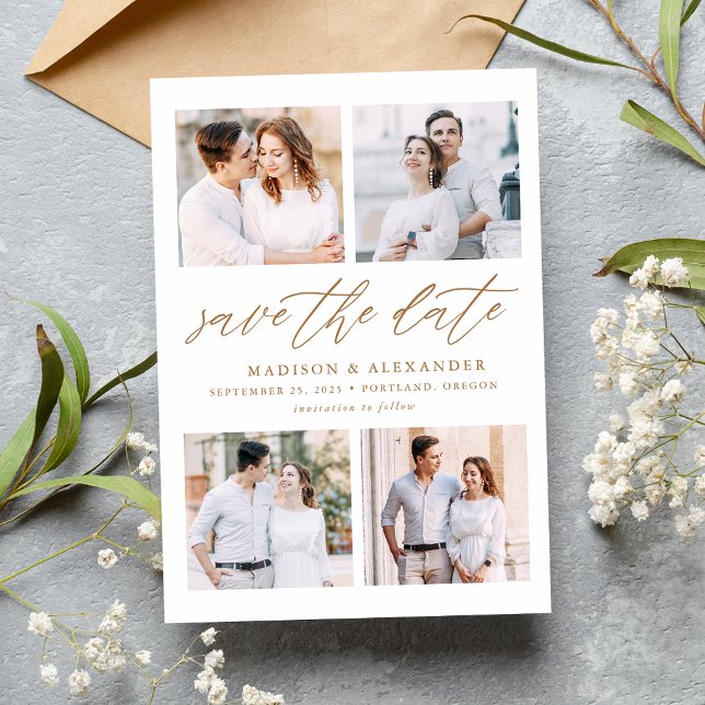Elegantes Gold Script 4 Foto Collage Save The Date (Von Creator hochgeladen)
