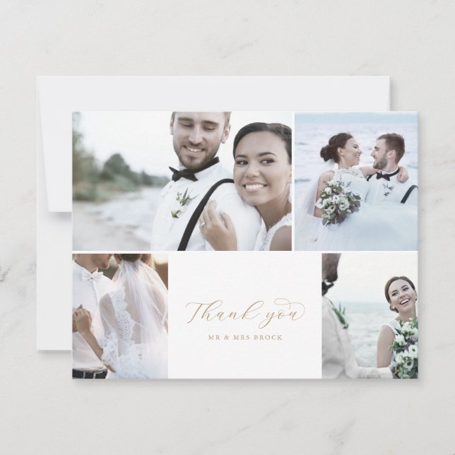 Elegantes Gold Script 4 Foto Collage Wedding Dankeskarte (Vorderseite)