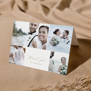 Elegantes Gold Script 4 FotoCollage geklappt Hochz Dankeskarte