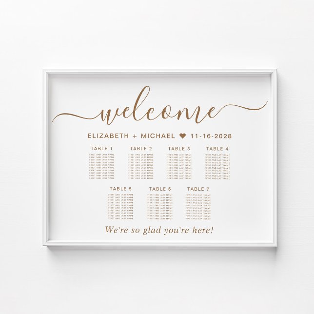 Elegantes Gold Script 7 Table Wedding Seating Char Poster (Von Creator hochgeladen)