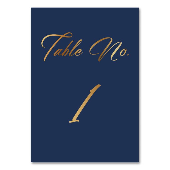 Elegantes Gold Script auf Navy Tischnummer 1 Card (Vorderseite)