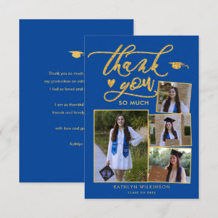 Elegantes Gold Script Blue 4 Foto Abschluss Dankeskarte