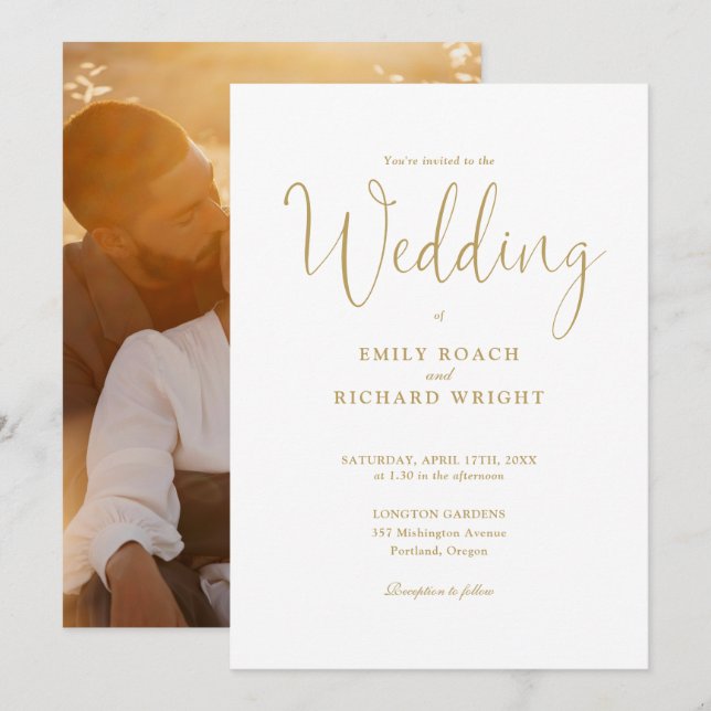 Elegantes Gold Script Calligraphy Foto Hochzeit Einladung (Vorne/Hinten)