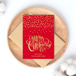 Elegantes Gold Script & Confetti Rotes Weihnachtsf Postkarte