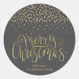 Elegantes Gold Script & Confetti Schwarzes Weihnac Runder Aufkleber