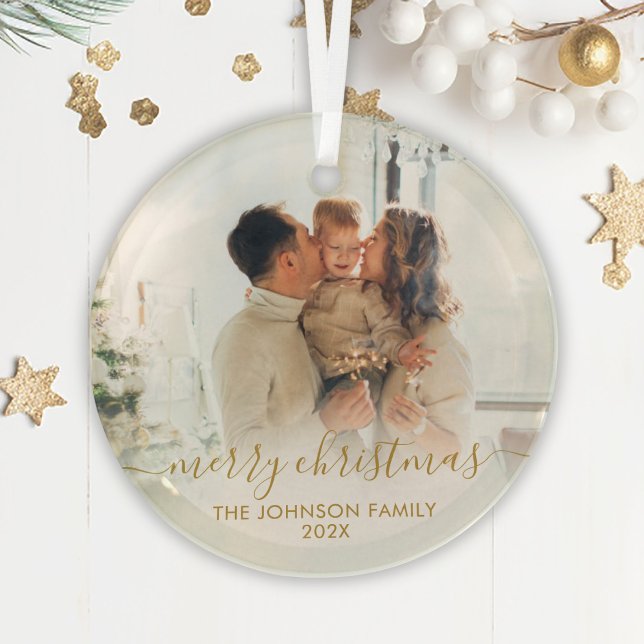 Elegantes Gold Script Family Foto Frohe Weihnachte Ornament Aus Glas (Von Creator hochgeladen)