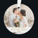 Elegantes Gold Script First Christmas 2 Foto Ornament<br><div class="desc">Elegantes Gold Script First Christmas Foto Ornament mit Foto auf Vorder- und Rückseite</div>
