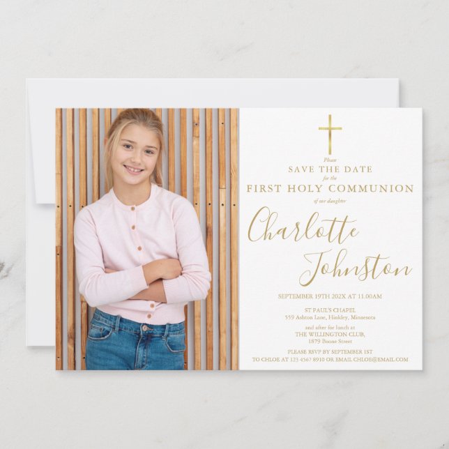 Elegantes Gold Script First Holy Communion Foto Save The Date (Vorderseite)