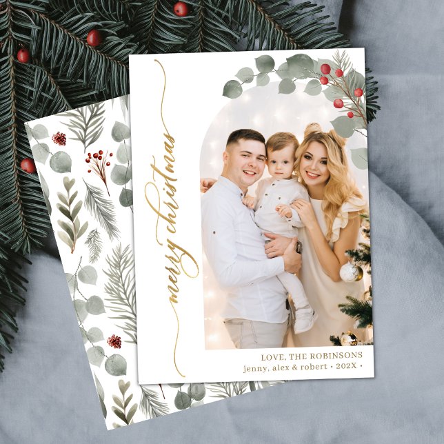 Elegantes Gold Script Foliage Foto Weihnachten (Von Creator hochgeladen)
