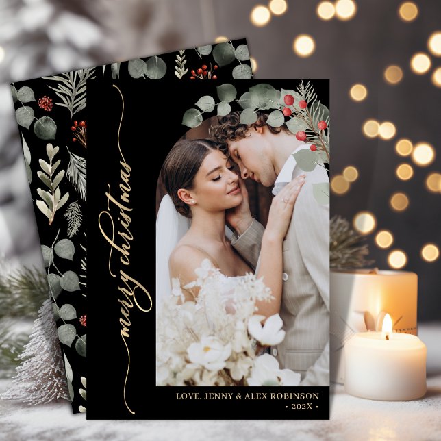 Elegantes Gold Script Foliage Foto Weihnachten (Von Creator hochgeladen)