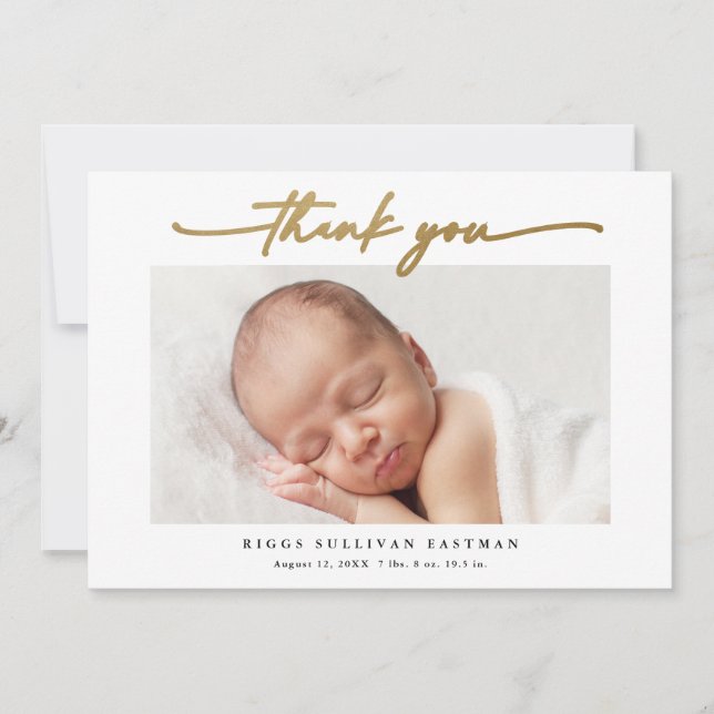 Elegantes Gold Script Foto Baby Dankeskarte (Vorderseite)