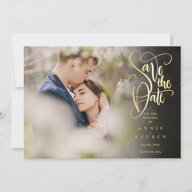 Elegantes Gold Script Foto QR Code Hochzeit Save The Date (Vorderseite)