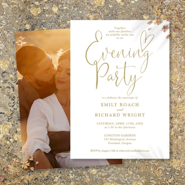 Elegantes Gold Script Foto Wedding Abend Party Einladung (Elegant Gold Script Photo Wedding Evening Party Invitation)