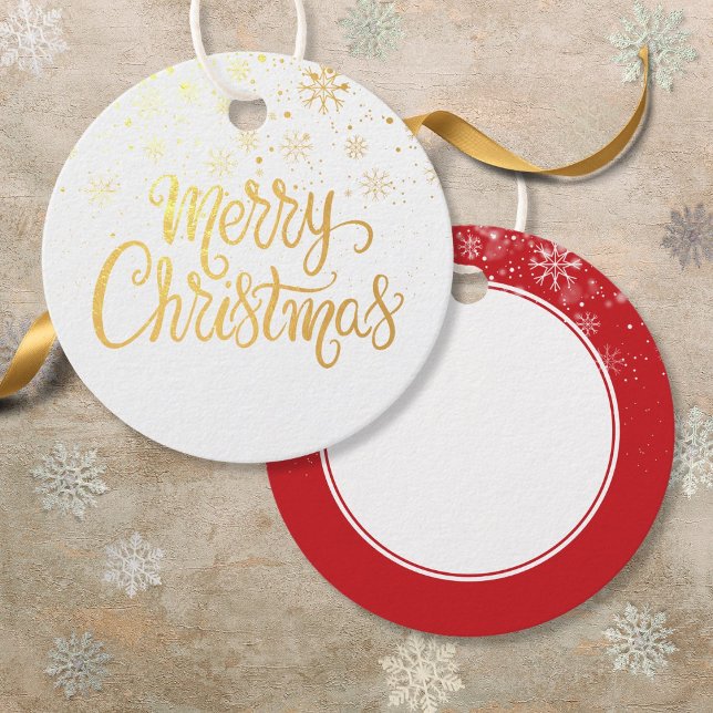 Elegantes Gold Script Frohe Weihnachtsschneeflocke Geschenkanhänger (Elegant Gold Script Merry Christmas Snowflakes Foil Favor Tags)