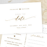 Elegantes Gold Script, Hochzeit speichern das Datu Postkarte<br><div class="desc">Ankündigen Sie Ihre Hochzeit mit dieser schönen, eleganten und einfachen Hochzeit speichern Sie das Datum Postkarte. Elegante moderne Schrift-Typografie durch die Hand. Sauberer und einfacher Stil. Weißes und goldenes Design mit Touchs goldener Imitate-Folie. Möglichkeit, "Rett die" zu "Rett unser" Datum zu ändern. Zurück mit dem Bereich für Ihre vollen Hochzeitsdetails...</div>