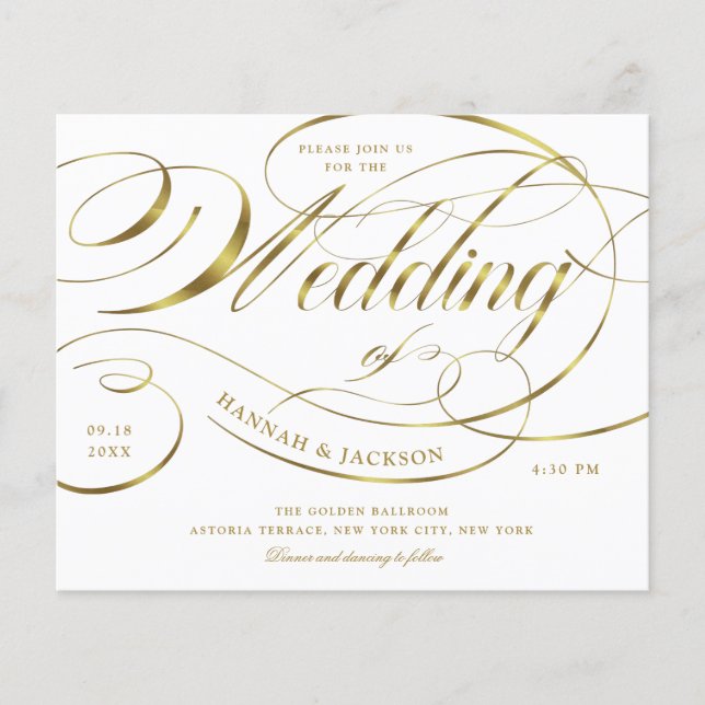 Elegantes Gold Script kurvt Text Hochzeit Einladun (Vorderseite)