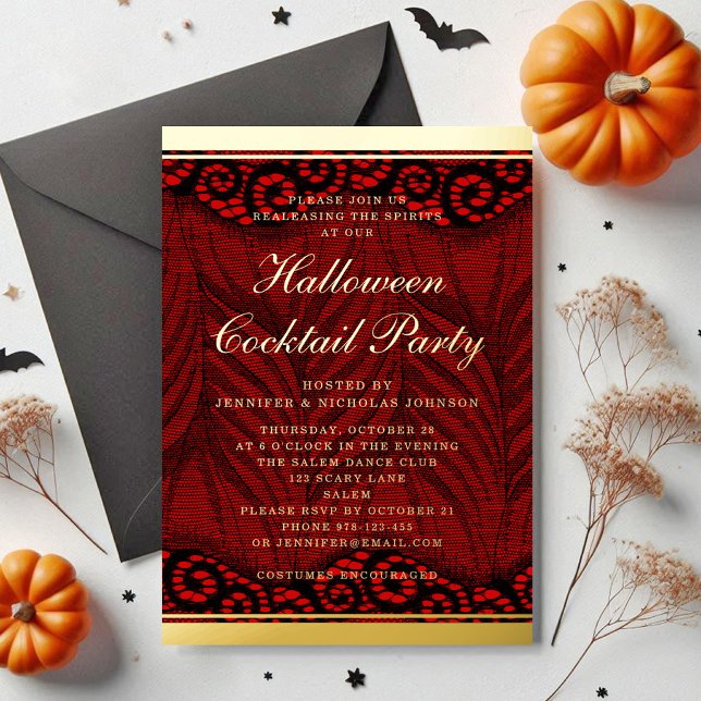 Elegantes Gold Script Lace Halloween Cocktail Part Folieneinladung (Elegant Gold Script Lace Halloween Cocktail Party Foil Invitation)