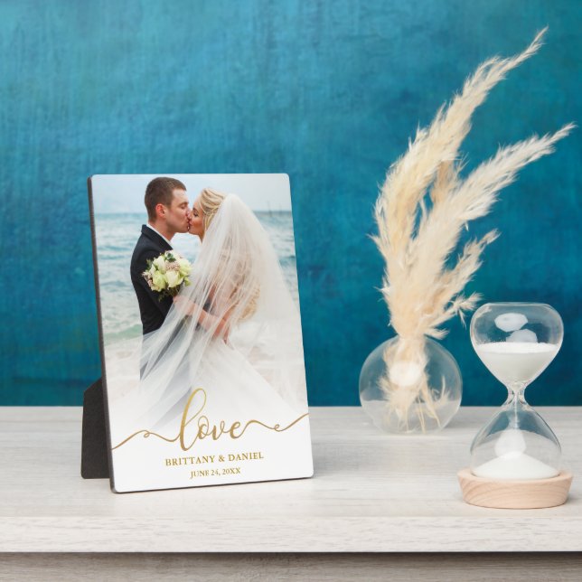 Elegantes Gold Script Liebe Wedding Foto Fotoplatte (Seite)