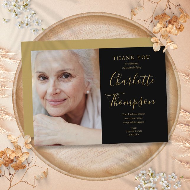 Elegantes Gold Script Memorial Beerdigung Foto Dankeskarte (Elegant Gold Script Memorial Funeral Photo Thank You Card)