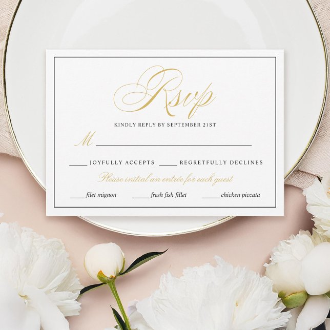 Elegantes Gold Script mit Essensoptionen RSVP Karte (Von Creator hochgeladen)