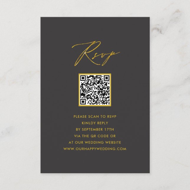Elegantes Gold Script Modernes Gray QR Wedding RSV Begleitkarte (Vorderseite)