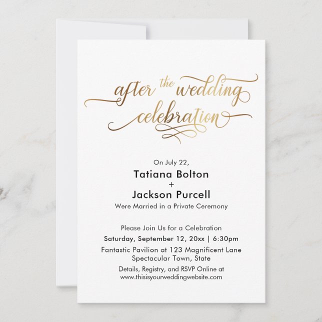 Elegantes Gold-Script nach der Hochzeit Einladung (Vorderseite)