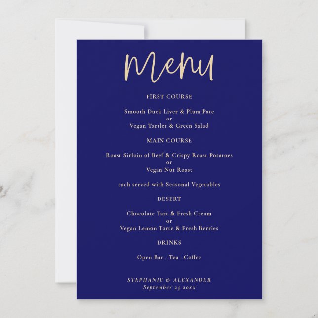 Elegantes Gold Script Navy Blue Wedding Menu Einladung (Vorderseite)