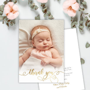 Elegantes Gold Script Neugeborenes Baby Foto Viele Dankeskarte