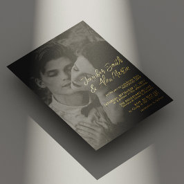Elegantes Gold Script Portrait Foto Hochzeit Folieneinladung